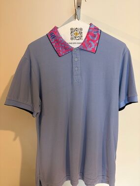 Versace Jeans Collection Light Blue Polo with Pink Patterned Collar